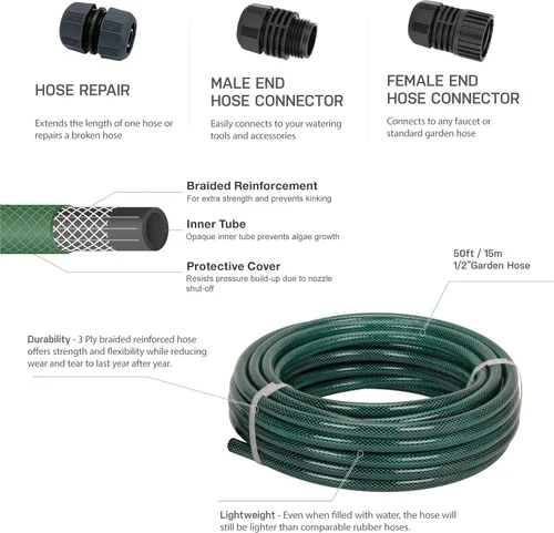 Vista 2 de Eden 94051 Manguera de jardín de goma de 1/2 pulgada x 50 pies, juego de manguera de bricolaje