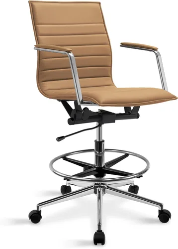 2xhome Silla de dibujo moderna | Tapizado de piel sintética acanalada | Base giratoria ajustable alta con reposapiernas y bloqueo de inclinación