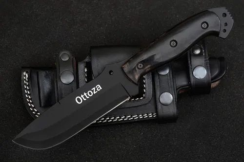 Vista 8 de Ottoza Cuchillo de caza de hoja fija con funda de cuero y transporte horizontal, cuchillo de supervivencia y campamento al aire libre de espiga