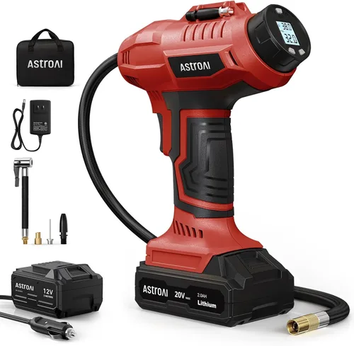 Vista 10 de AstroAI Inflador inalámbrico de neumáticos de auto y moto, compresor de aire de 20 V, batería recargable, 160 PSI con adaptador de corriente de 12