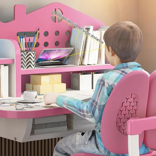 Vista 3 de Kids Adjustable Study Desk & Chair Set w/ Storage,Drawers,Bookshelf,Child Toddler Writing Homework Table,Little Girl Work Computer Desk,Princess