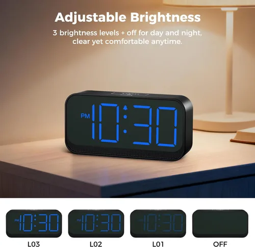 Vista 5 de Acedeck Reloj digital que funciona con batería: reloj de alarma pequeño y sin cable para dormitorio, viaje - Números grandes 4 atenuadores para Azul