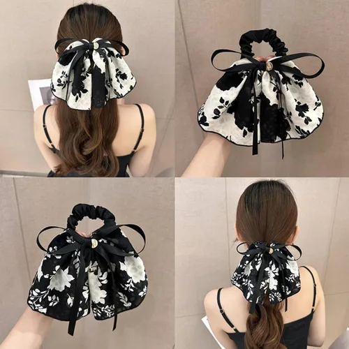 Vista 6 de 2 accesorios de lazo para el cabello de alta calidad: elásticos de cola larga para niñas y mujeres en blanco y negro, bufandas para atar el cabello