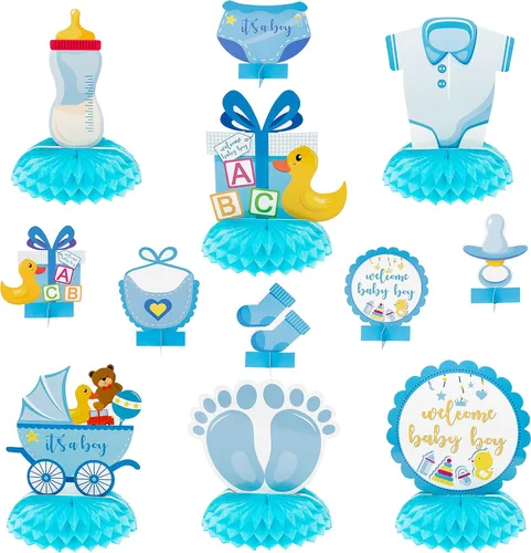 OSNIE Centros de mesa de fiesta de baby shower azul para niños, 12 piezas de decoración de panal de baby shower, decoración de bienvenida para