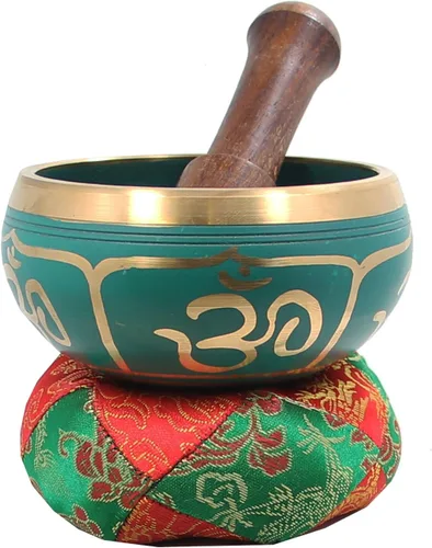 Vista 12 de DharmaObjects - cuenco para cantar el Om de la paz, para meditación relajante de yoga. Juego de almohadilla de seda, juego de martillo de Negro