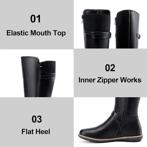 Vista 5 de Jeossy Botas altas hasta la rodilla 9655 para mujer, botas planas de equitación con hebilla y cremallera para mujer