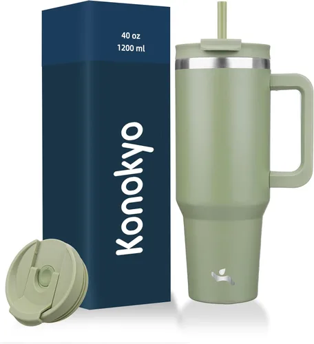 Vista 24 de Konokyo Vaso de 30 onzas con asa y 2 popotes, botella de agua aislada con tapa 2 en 1, taza de café de viaje de acero inoxidable, verde militar