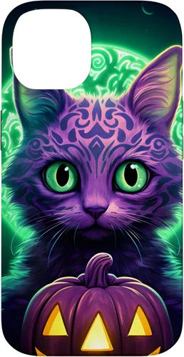 Vista 4 de iPhone 16 Cat Halloween Costume Glowing Pumpkin Purple & Light Green Case