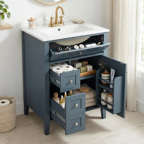 Vista 19 de Harper & Bright Designs Tocador de baño de 24 pulgadas con lavabo, juego de tocador independiente con 4 cajones, estantes de almacenamiento y Negro