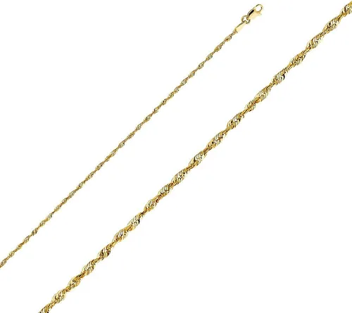 Vista 2 de Wellingsale 14k Yellow Gold Solid 2mm Diamond Cut Solid Rope Chain Necklace with Lobster Claw Clasp