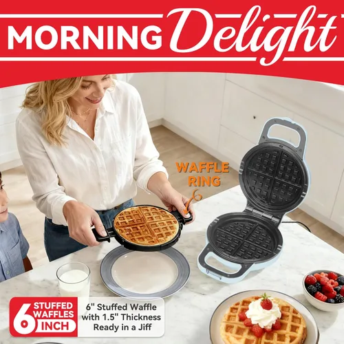 Vista 3 de SugarWhisk Máquina de Hacer Waffles Rellenos de 6 Pulgadas Giratoria, Máquina de Hacer Waffles Volteable con Anillo de Waffle Removible, Waflera