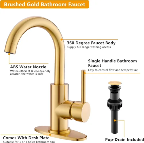 Vista 4 de Grifos de Baño Dorados – Grifo de Lavabo de Cascada de Un Solo Agujero con Conjunto de Drenaje, Grifos de Baño de Cascada de Oro Cepillado con Caño