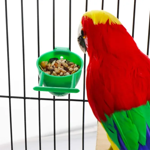 Vista 4 de 8 piezas mini pájaro loro alimentador plástico palomas pájaros jaula plato conveniente colgante contenedor