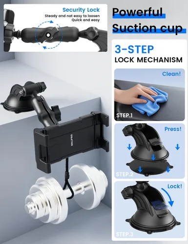 Vista 4 de OHLPRO Soporte para tablet para tablero de automóvil y parabrisas, soporte para iPad con ventosa, rotación de 360°, soporte retráctil ajustable