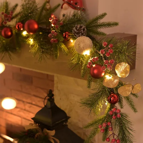 Vista 4 de Valery Madelyn - Guirnalda de Navidad de 1,8 m preiluminada con luces para manto, guirnalda navideña iluminada para exteriores con bolas rojas