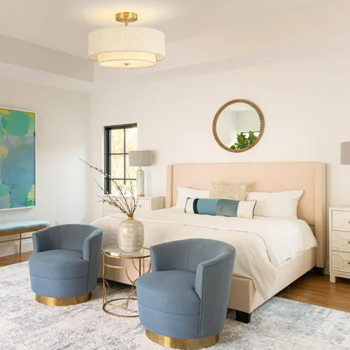 Vista 4 de Lámpara de techo semiempotrada de 16 pulgadas, lámpara de techo de tambor dorado de 3 luces con pantalla de lino de tela de 2 niveles, candelabro