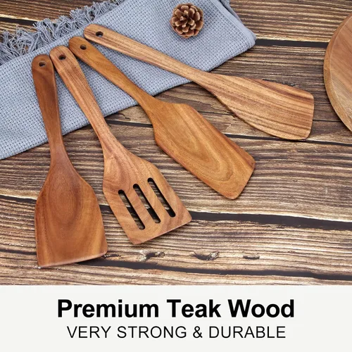 Vista 5 de Mejor espátula de madera no tóxica para juego de utensilios de cocina, espátulas planas de madera Spurtle para uso en la cocina, herramientas