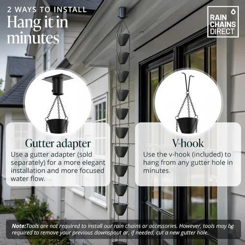 Vista 5 de Rain Chains Direct - Cadena de lluvia de cuencos en cascada - Flujo de lluvia intensa - para caídas de 8-10 pies - De alta resistencia - Tazas