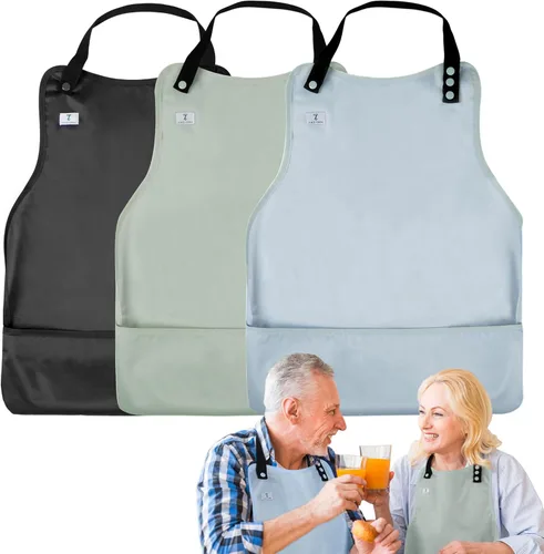 Vista 21 de Paquete de 2 baberos para adultos con recogedor de migas para hombres, baberos ajustables para comer, protectores de ropa impermeables y lavables