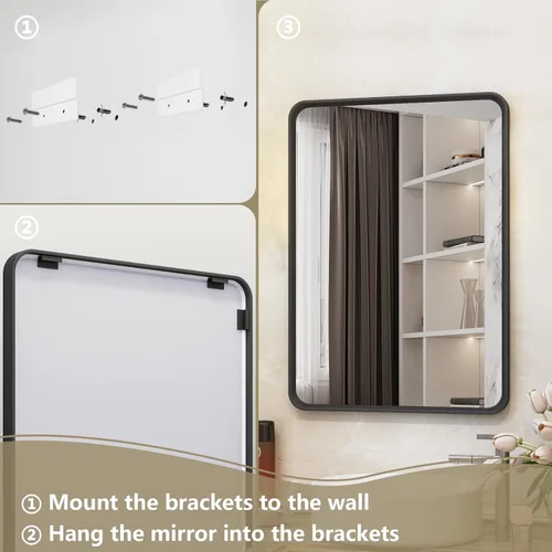 Vista 5 de OKPAL Espejo de Baño con Marco de Metal Negro de 40 x 36 Pulgadas para Pared, Espejo de Tocador de Baño Negro Mate, Espejo Rectangular Redondeado