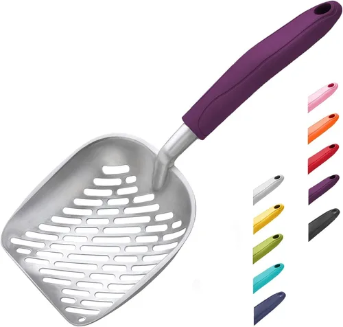 Vista 15 de WePet Cuchara de arena para gatos, tamiz de aleación de aluminio, pala de metal para gatitos, pala profunda con orificio diagonal, mango largo