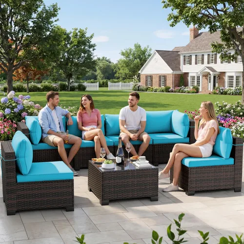 Vista 16 de LEVELEVE Juego de 7 muebles de patio al aire libre, juego seccional de conversación de ratán, sofá de mimbre de tejido manual con mesa de té