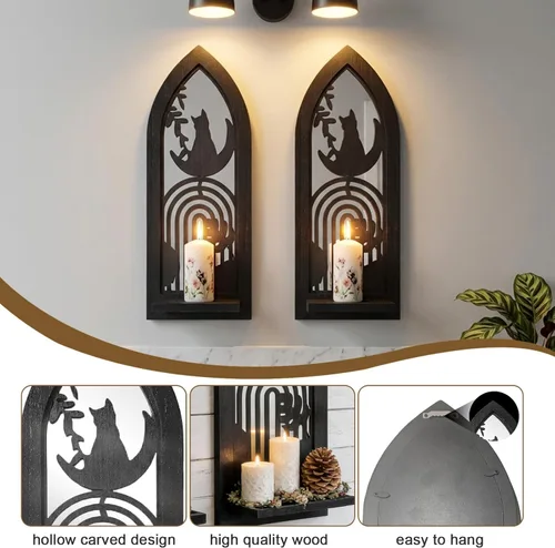 Vista 7 de Juego de 2 candelabros de pared de madera, portavelas rústico con espejo, marco de madera tallada, decoración de pared colgante para sala de estar