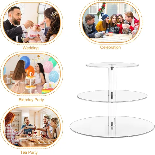 Vista 6 de Soporte acrílico para cupcakes, soporte transparente de exhibición de postres con base para bodas, fiestas, baby shower, reuniones, 3 niveles