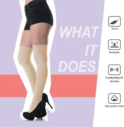 Vista 3 de BASICO Calcetines de algodón para mujer por encima de la rodilla, calcetines altos hasta el muslo
