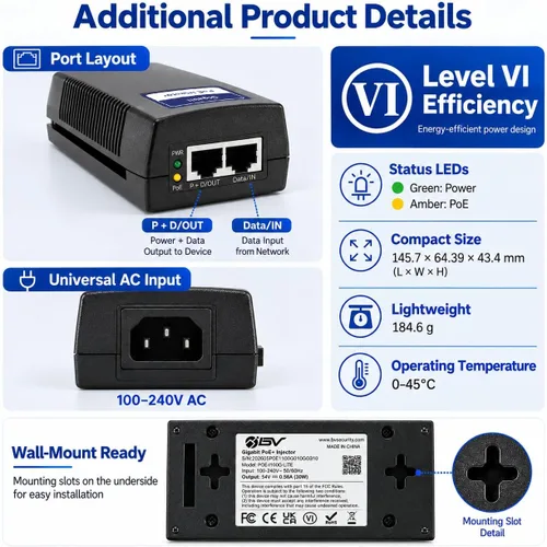 Vista 3 de BV-Tech 30W Gigabit PoE+ Inyector Nivel VI Eficiencia - (rango de 328 pies) - 54V IEEE 802.3at/af y NDAA compatible con adaptador de corriente Plug