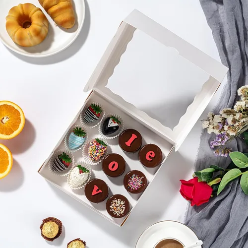 Vista 2 de RomanticBaking 15 cajas de panadería de 8 x 8 x 2 pulgadas con ventana, cajas de galletas cubiertas de chocolate, caja de fresas para panadería