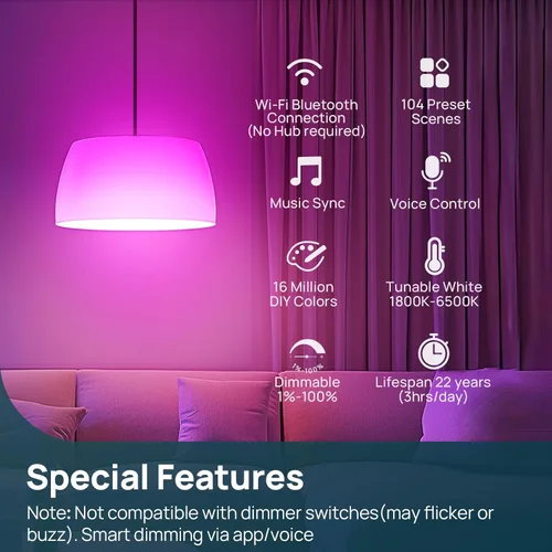 Vista 8 de Linkind Bombillas inteligentes, bombilla inteligente de 1100 lm (equivalente a 75 W), funciona con Alexa y Google Home, bombillas RGBTW que cambian