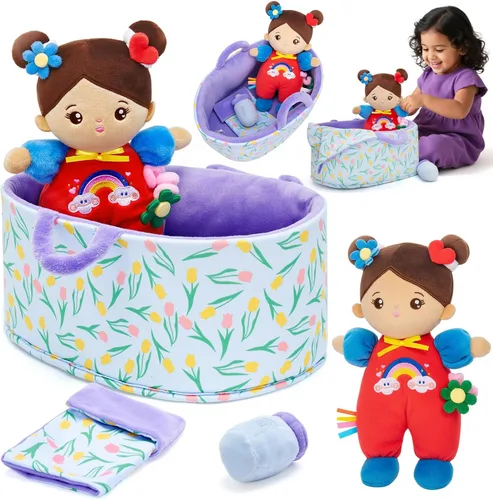 Vista 18 de OUOZZZ - Set de regalo de minimuñeca rosa de bebé afelpada de 10 pulgadas, muñeca de trapo afelpada para dormir, juguete para niños y niñas