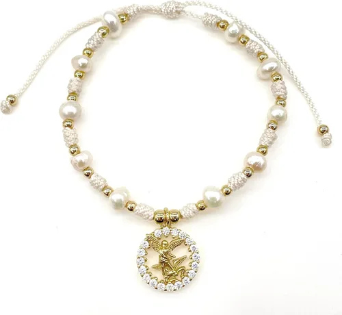 Vista 3 de Medalla colgante de arcángel de San Miguel en cordón ajustable de marfil y perlas de agua dulce pulsera ajustable
