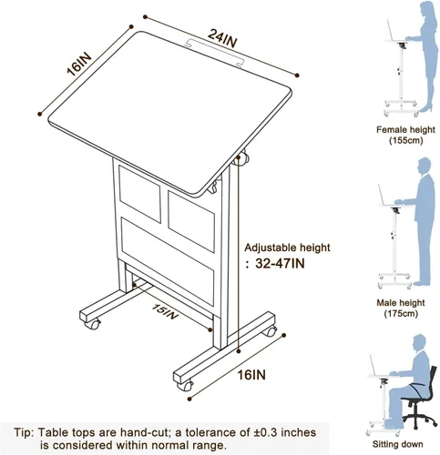 Vista 3 de KOUPA Escritorio de pie de altura ajustable, escritorio de vidrio templado para escribir con borrador, giro de 360°, ruedas y bolsa, ideal