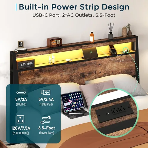 Vista 4 de SADENICEL Base de cama de tamaño matrimonial con almacenamiento, plataforma de cama de madera LED con cabecero, 4 cajones, estación de carga,