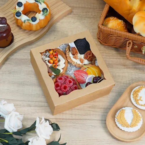 Vista 6 de XINHPKGG Paquete de 20 cajas de galletas de 6 x 6 x 3 pulgadas, cajas de panadería con ventana, caja de postre para macarrón, mini pastel, Marrón