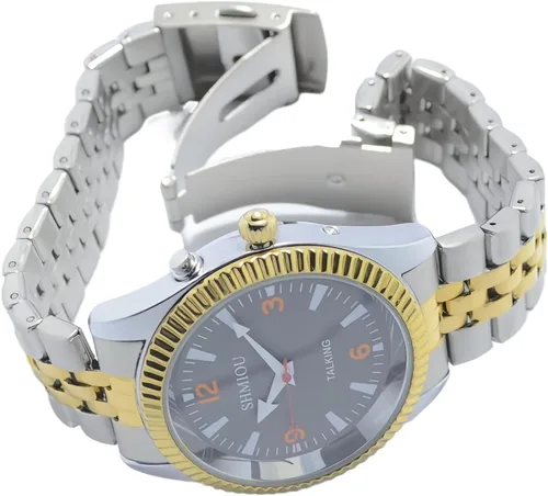 Vista 5 de Inglés Hablando Reloj para el anciano Ciego Hombre con Discapacidad Visual, Hombre Acero Inoxidable Oro Plata Pulsera Gris Dial Voz con Alarma
