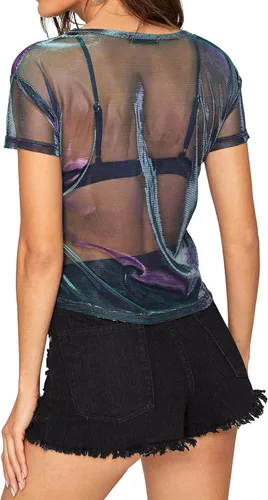 Vista 3 de Kyerivs Women's Short Sleeve Long Sleeve Mesh Tops See Through Sheer Blouse Black Shirts