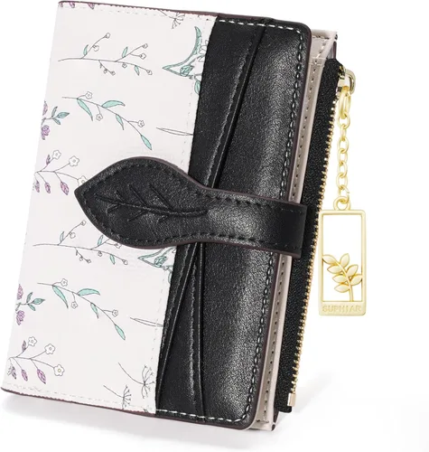 Cartera compacta RFID plegable de piel sintética para mujer, mini monedero con bolsillo para monedas, diseño floral para damas y niñas, Negro,