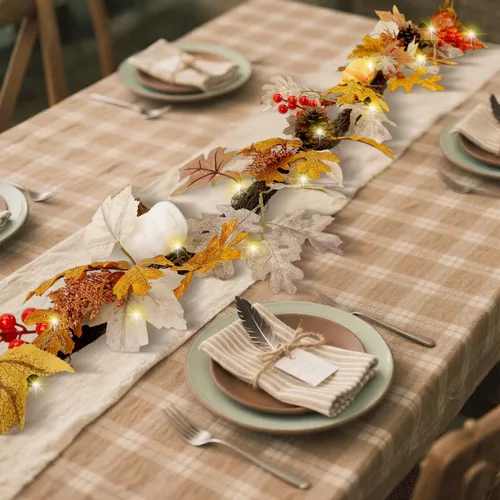 Vista 5 de Guirnalda de otoño con luces, guirnalda de calabaza para centro de mesa, guirnalda de otoño para manto, cena de Acción de Gracias, chimenea, puerta