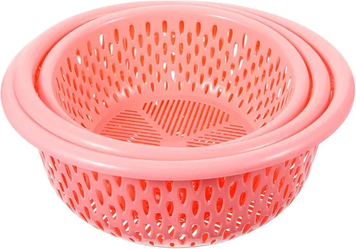 Cesta de drenaje de tres piezas, colador de plástico, colador de cocina, colador de silicona, colador de verduras, cesta de cocina, color rosa