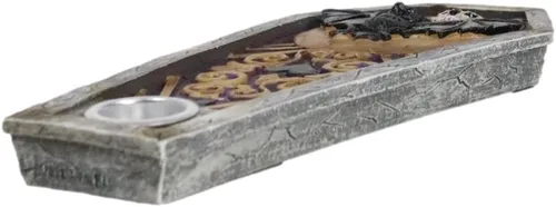 Vista 4 de Ebros Gift Wicca Occultic Mystical Black Murciélago Cráneo Luna Ataúd Incienso Stick Holder and Backflow Inciense Cone Burner Figurine Halloween