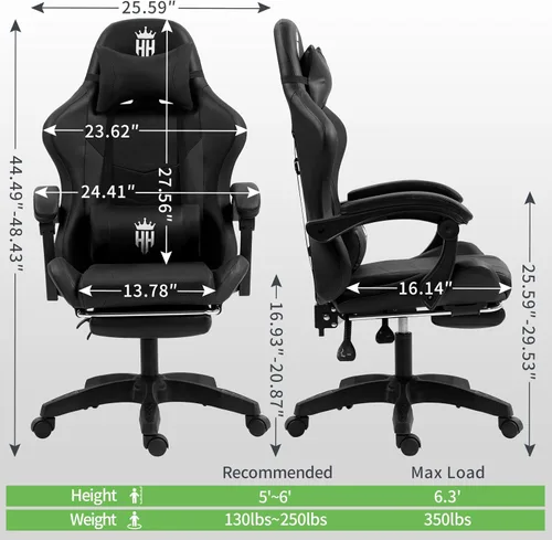 Vista 2 de Silla de juegos con reposapiés, silla ergonómica para computadora para adultos, reposacabezas ajustable, almohada lumbar, silla reclinable de gran