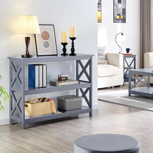 Vista 8 de Yaheetech Soportes de televisión y centros de entretenimiento con estante de almacenamiento de 3 niveles para sala de estar, gris