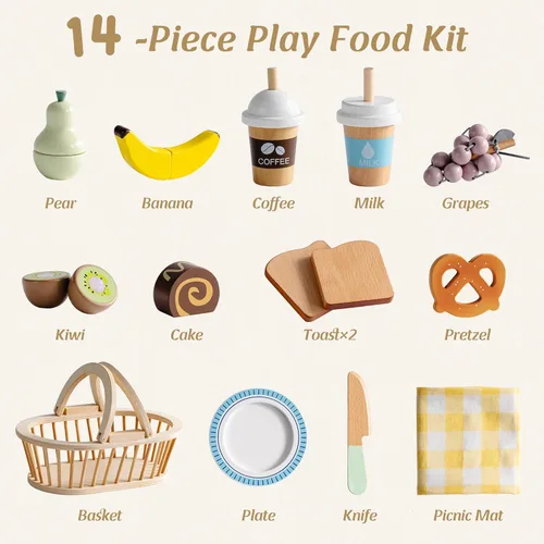 Vista 2 de ROBOTIME Juegos de alimentos de madera para cocina de niños, 14 piezas de juguetes de comida de simulación, cesta de picnic con frutas, postres
