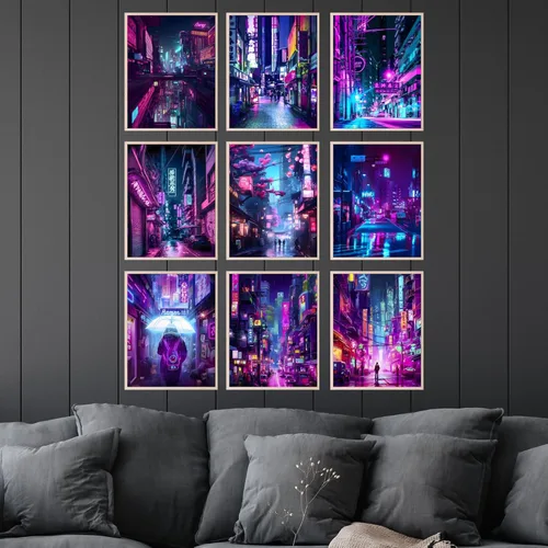 Vista 4 de BigWig Prints Arte mural de neón – Póster Cyberpunk, pósteres japoneses, decoración de neón Cyberpunk, decoración Vaporwave, Synthwave Lofi Tokyo