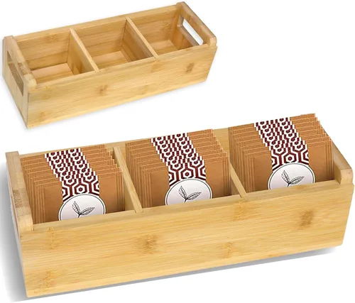 Caja organizadora de té de bambú sin productos químicos, ecológica, grande, alta y ajustable, baúl de almacenamiento de madera natural (3 ranuras