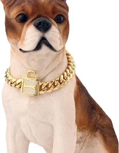 Vista 2 de Collar de cadena para perro, collar de cadena cubana resistente de 0.47 pulgadas, acero inoxidable 316L plata/oro, collar de entrenamiento de perro