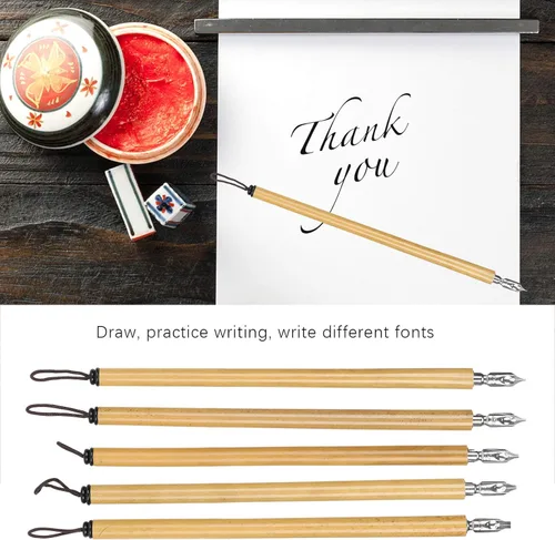 Vista 3 de AYNEFY Juego de 5 bolígrafos de inmersión cómic, juego de 5 bolígrafos de inmersión de caligrafía con mango de madera con 5 plumas, juego